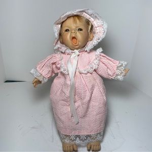 Vintage Expressions Doll By Berenguer Yawning Pink Striped Gown 9" sleepy baby
